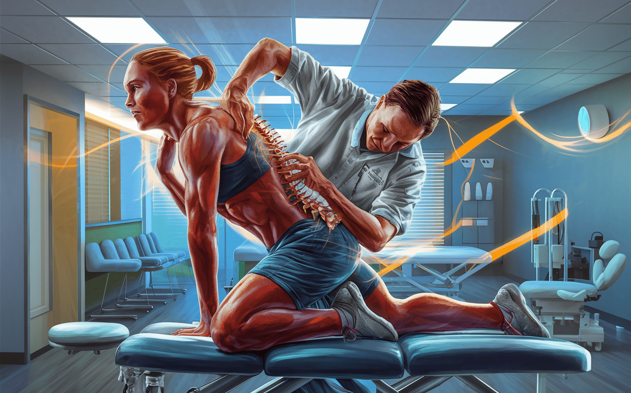 A chiropractor adjusting the spine of an athletic patient to enhance performance and recovery