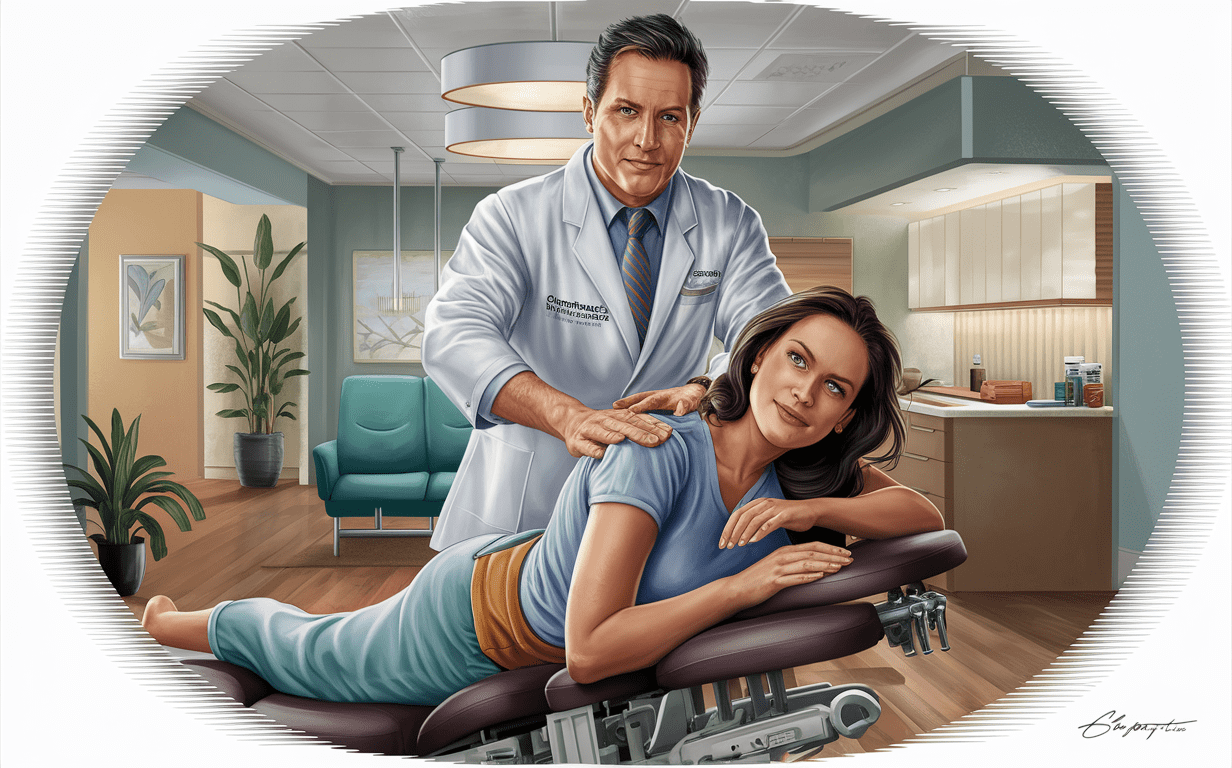 An illustration depicting a chiropractor performing a spinal adjustment on a patient lying on a massage table in a serene, spa-like . chiropractic care holistic approach setting with plants and decorative bottles.