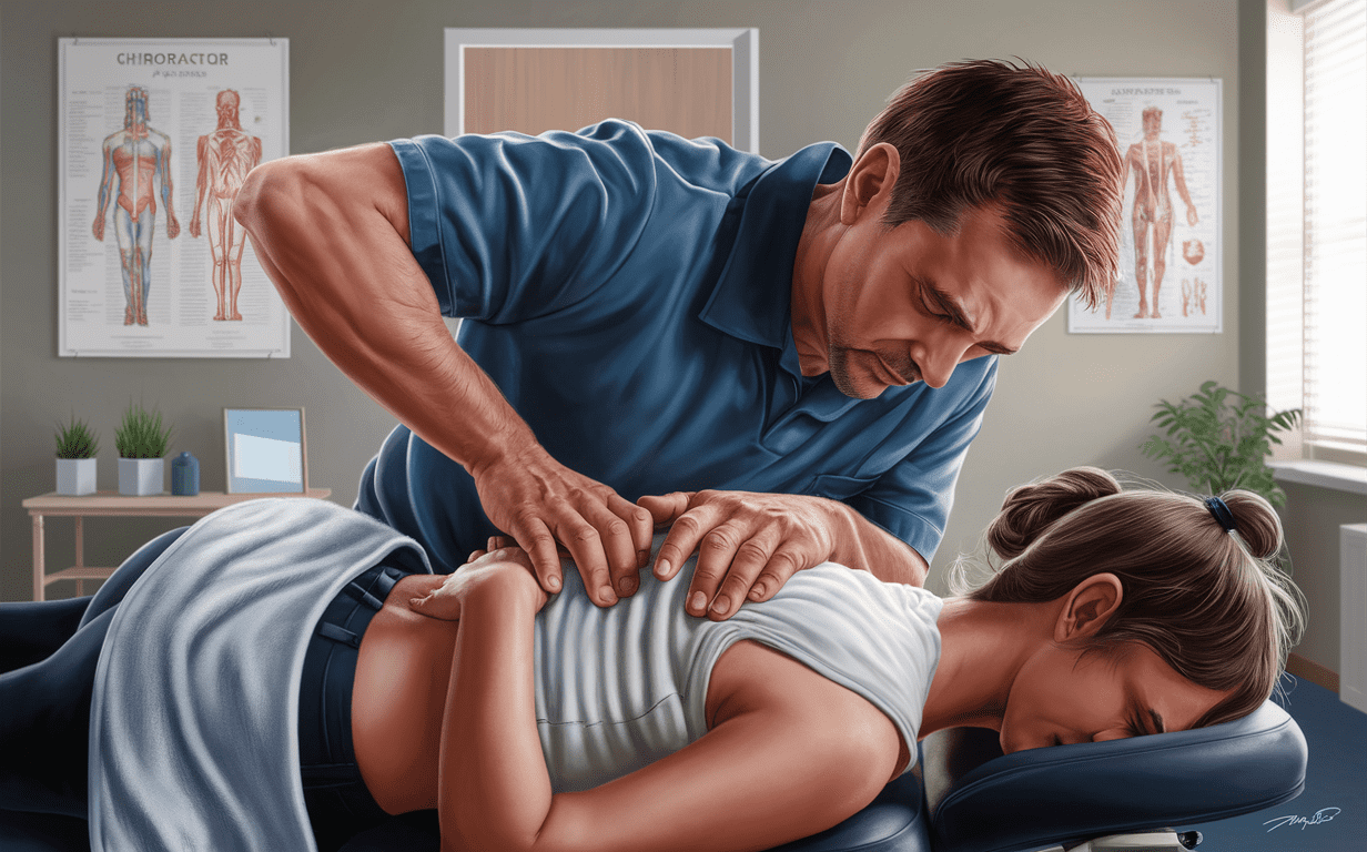 A chiropractor performing a spinal adjustment on a patient lying on a treatment table in a clinical setting with anatomical charts on the wall.