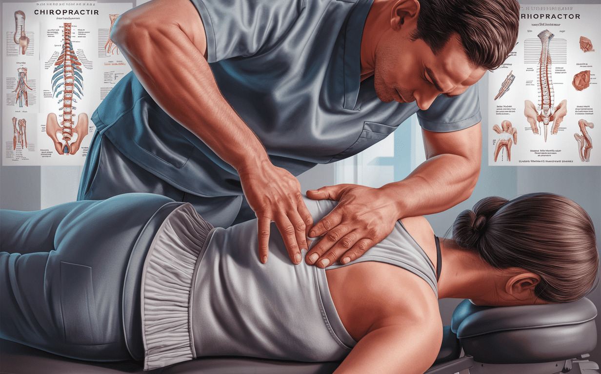 A chiropractor performing a spinal adjustment on a patient lying on a treatment table to provide back pain relief in a clinical setting with anatomical charts on the walls.
