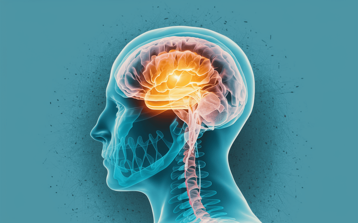 The Brain and Spinal Cord Anatomy Illustration An illustration showing the human brain highlighted in orange inside a transparent skull, with the spinal cord extending down the neck, representing the importance of spinal health and its connection to brain function.