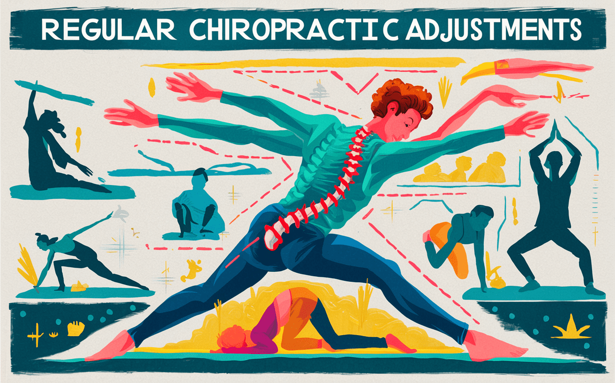 Regular Chiropractic Adjustments for Spinal Health and Flexibility An illustration depicting the benefits of regular chiropractic adjustments, showing figures in various yoga and stretching poses along with a central figure with an exaggerated spine being adjusted, highlighting improved spinal alignment and flexibility.