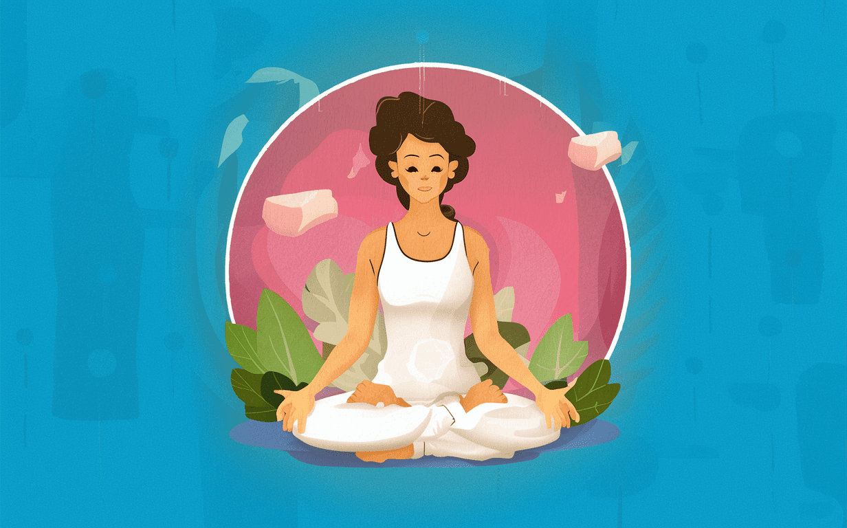 An illustration of a woman sitting in a meditative pose surrounded by leaves and petals, representing a holistic approach to wellness and preventive health care. chiropractic care for preventive health