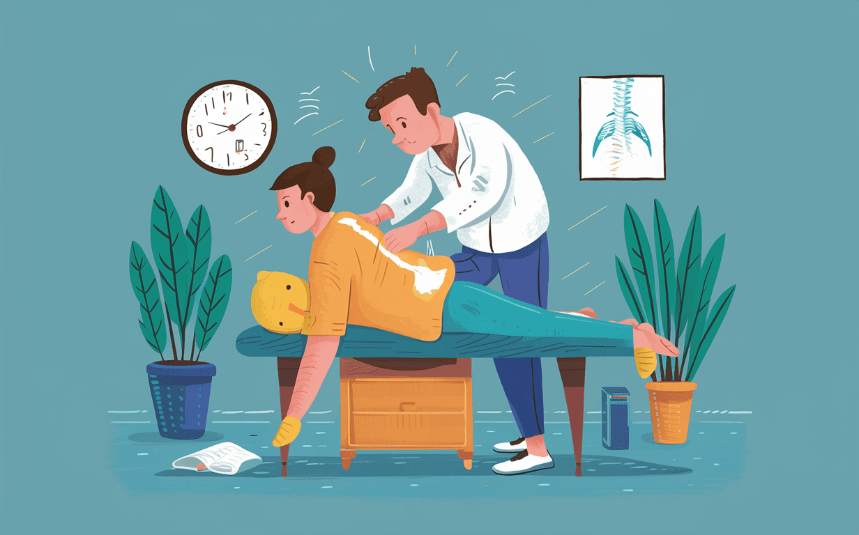 Chiropractic Adjustment for Back Pain Relief A chiropractor performing a spinal adjustment on a patient to alleviate back pain in a clinic setting with medical equipment and plants.