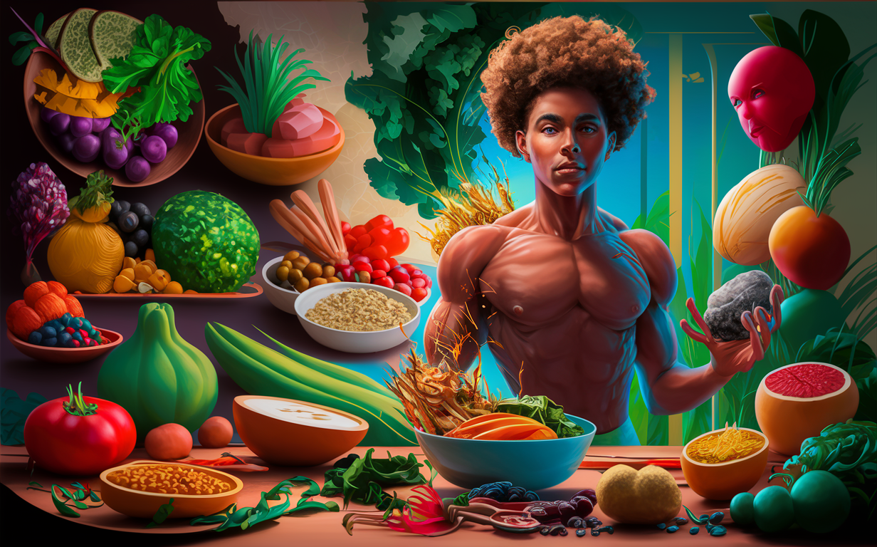 A surreal illustration featuring a muscular woman with an Afro hairstyle surrounded by a variety of fresh fruits, vegetables, grains, and legumes, symbolizing the importance of a balanced and nutritious diet for optimal wellness.
