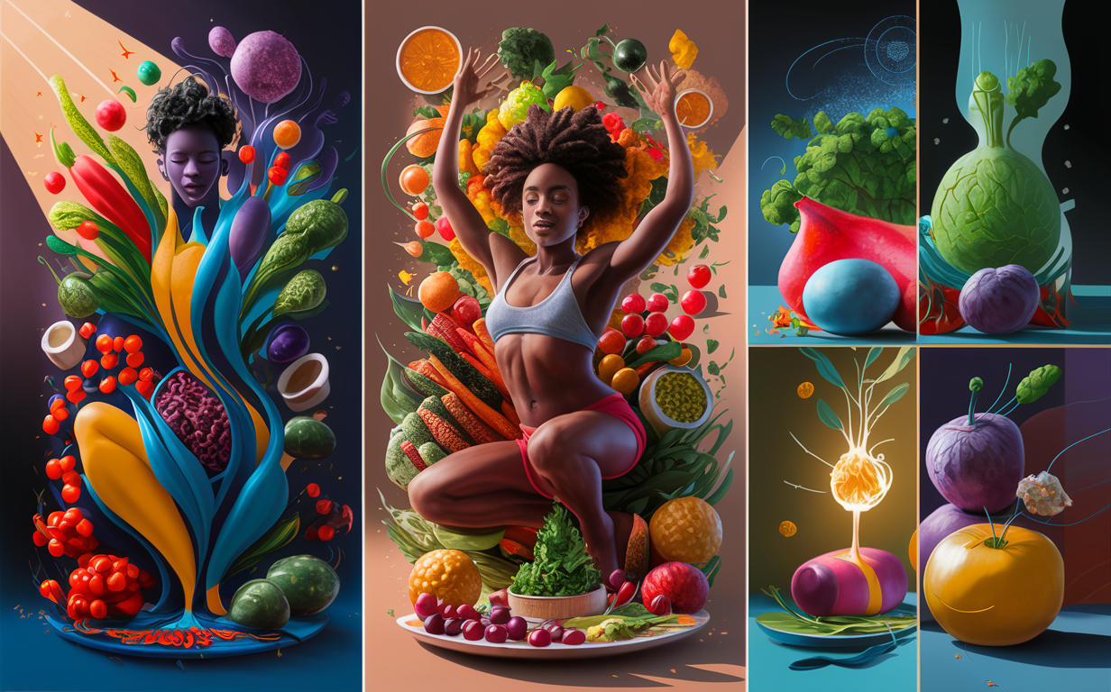 An illustration showcasing a muscular person surrounded by a variety of nutritious foods like fruits, vegetables, grains, and proteins, symbolizing the importance of a balanced diet for achieving optimal wellness and fitness.