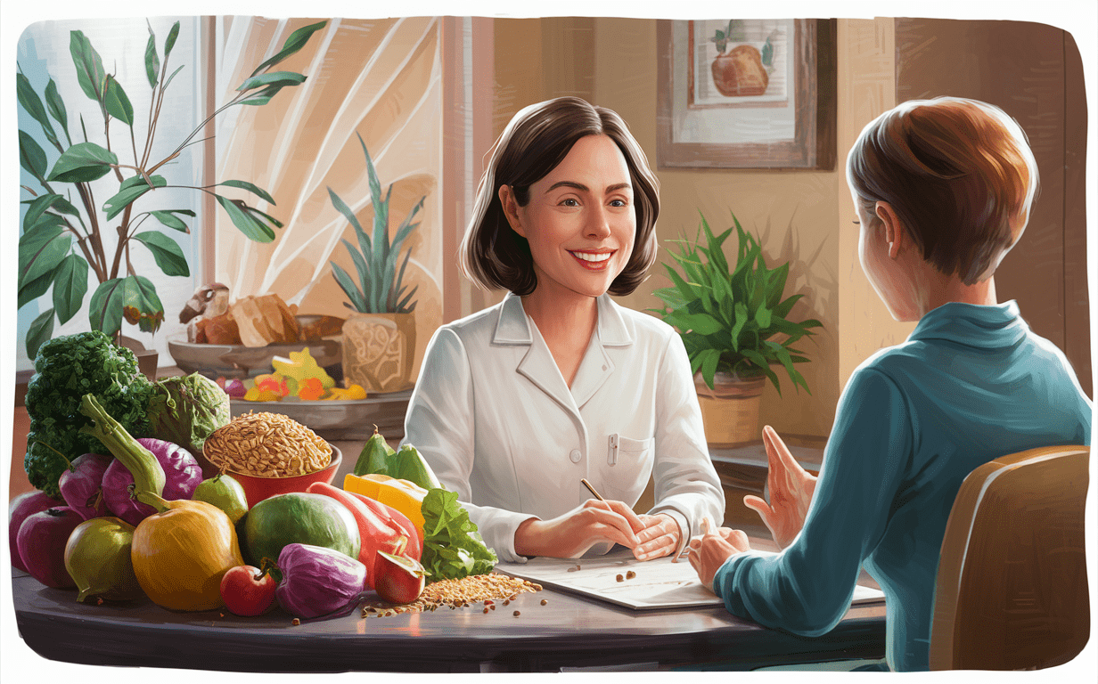 An illustration of a nutritionist consulting with a client, discussing a personalized diet plan while surrounded by various fresh fruits and vegetables on the table. nutritional evaluation and counseling