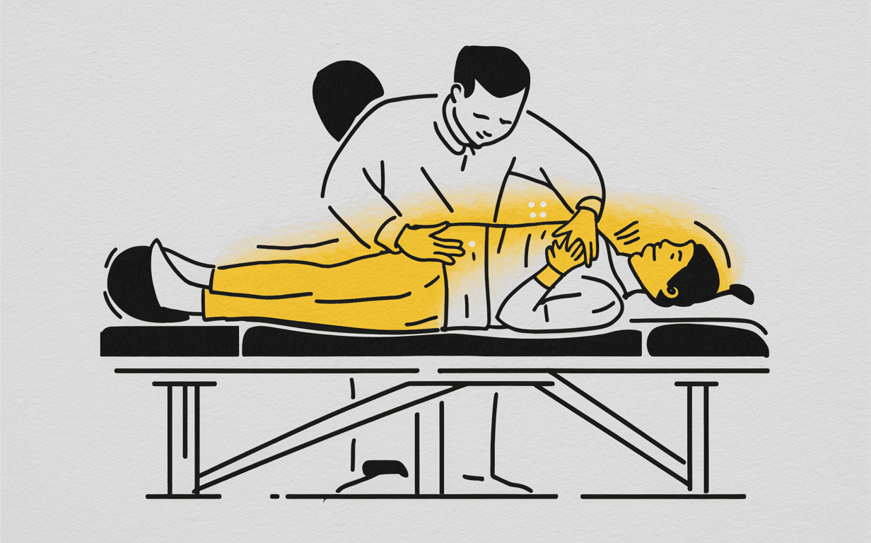 Chiropractic Adjustment on a Patient An illustration depicting a chiropractor performing an adjustment on a patient lying on a treatment table.