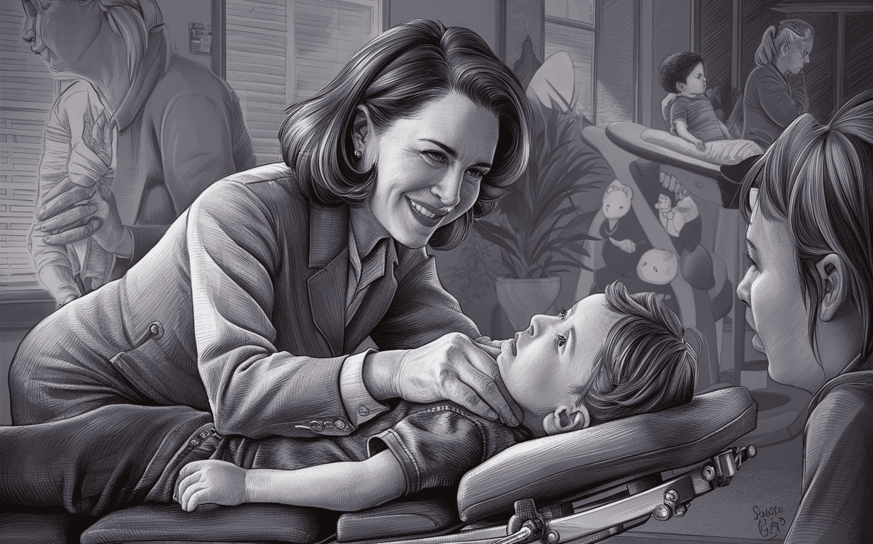 An illustration depicting a caring chiropractor tenderly embracing a young child on an examination table in a pediatric chiropractic office setting, promoting nurturing care and healthy development. pediatric chiropractic care