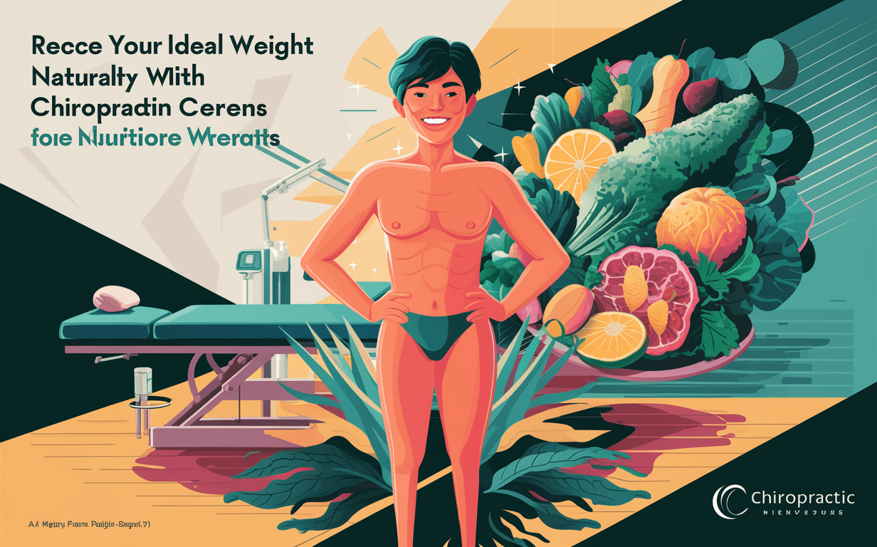 An illustration depicting people exercising and nutritious foods like fruits, vegetables, whole grains, and lean proteins, alongside images related to chiropractic care and anatomy, promoting a holistic approach to reaching ideal weight and wellness. ideal weight with nutritional support