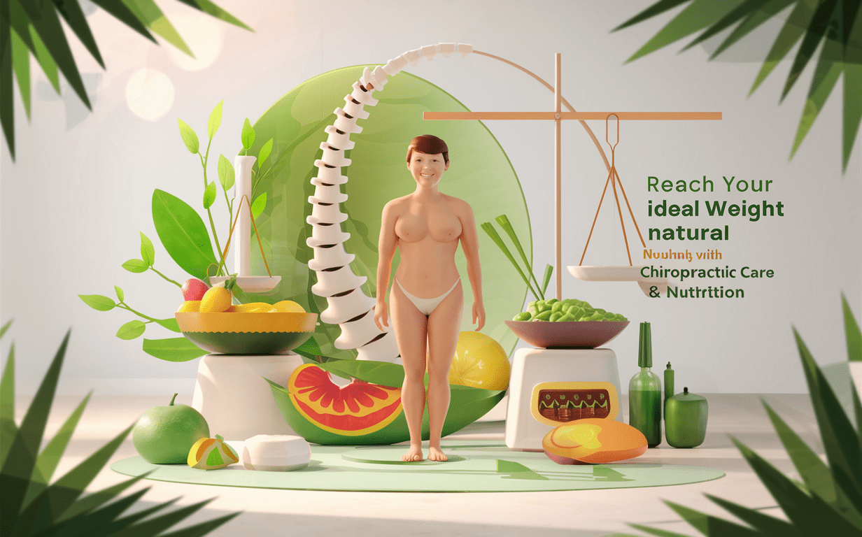 An illustration depicting a nude person surrounded by healthy foods like fruits and vegetables, along with icons representing chiropractic care and nutrition for natural weight management.
