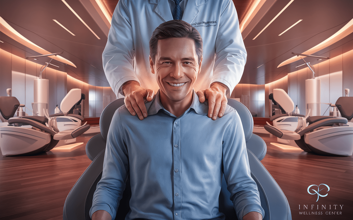 A smiling chiropractor in a medical lab coat standing confidently in a modern treatment room with rows of ergonomic chairs, offering advanced spinal correction and care services at Infinity Wellness Center.