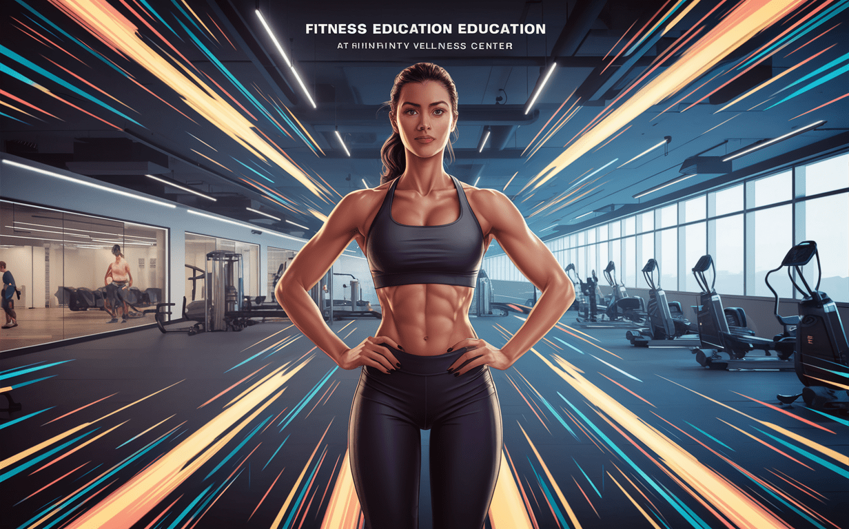 A fit young woman with toned abs and athletic physique stands confidently in a futuristic gym setting with colorful lighting effects, surrounded by exercise equipment. The text 'Fitness Education Education at Infinity Wellness Center' is displayed, promoting health and wellness. fitness education infinity wellness center