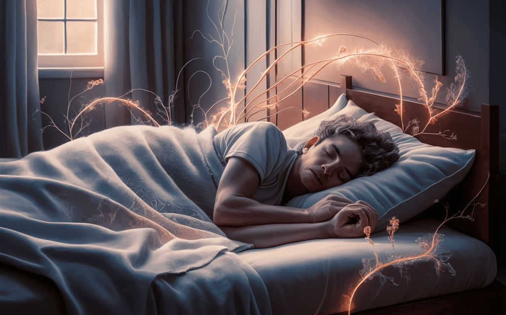 A person peacefully sleeping on a bed, surrounded by glowing dreamlike vines and plants, depicting a surreal and therapeutic sleep experience