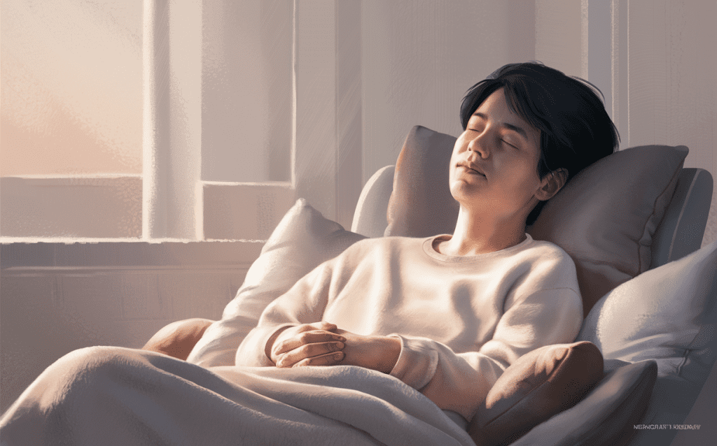 An illustration depicting a person in a meditative pose surrounded by abstract wing-like patterns, promoting neuropathy therapy for alleviating anxiety and stress-related issues