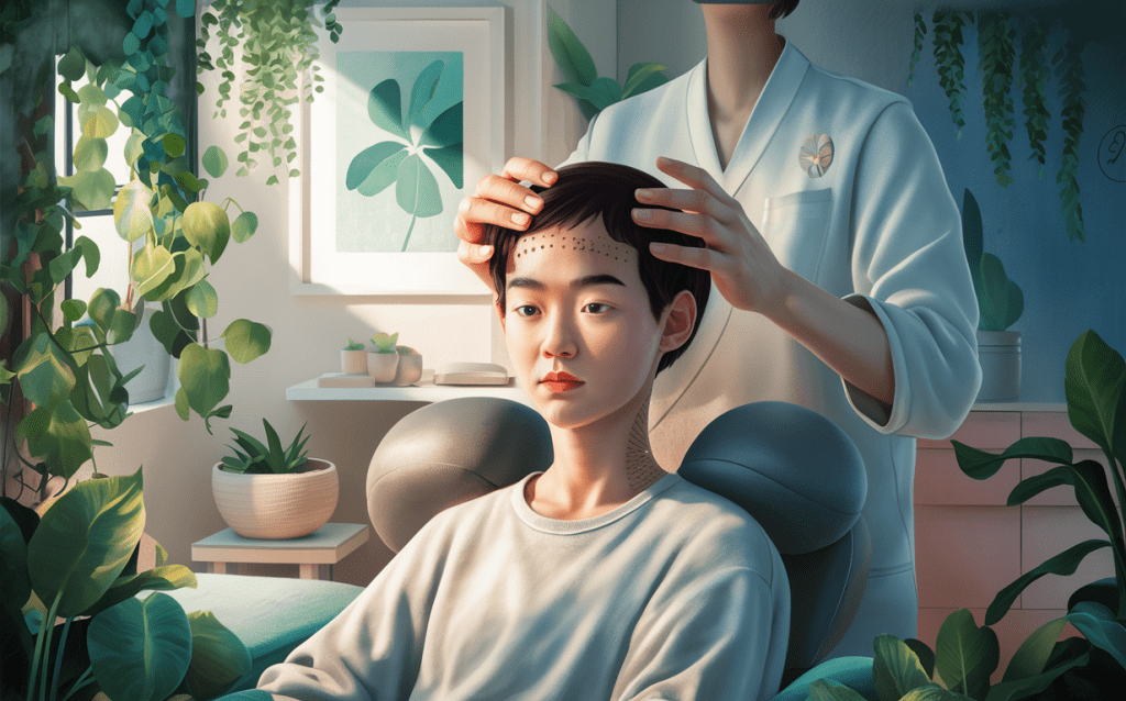 An illustration of a therapist gently touching a patient's head while providing neuropathy therapy to help manage ADHD symptoms and improve focus and concentration. Neuropathy therapy for ADHD and attention disorders