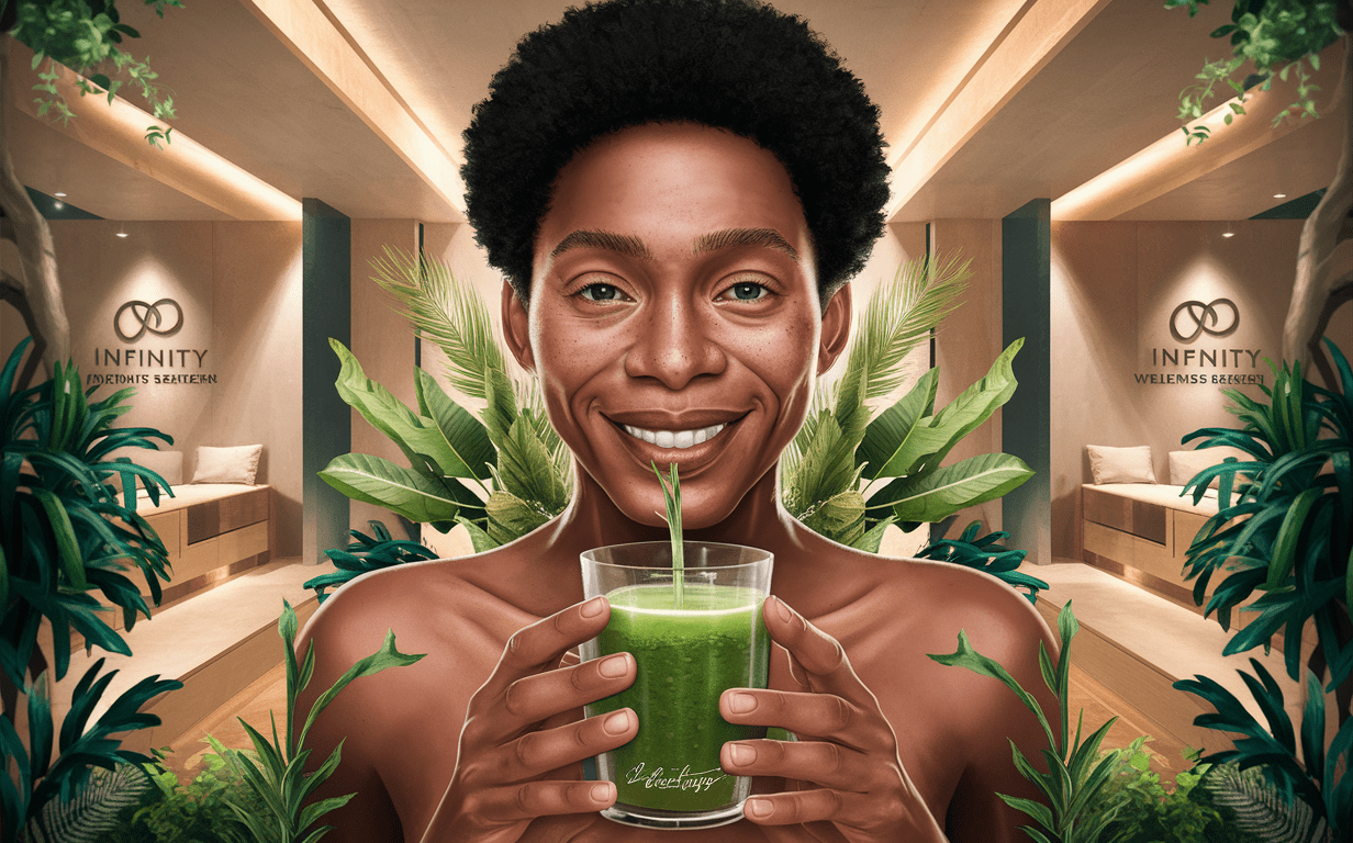 A vibrant portrait of a smiling person holding a green smoothie surrounded by lush plants and wellness branding for Infinity Wellness Center. benefits of regular detoxification infinity wellness center
