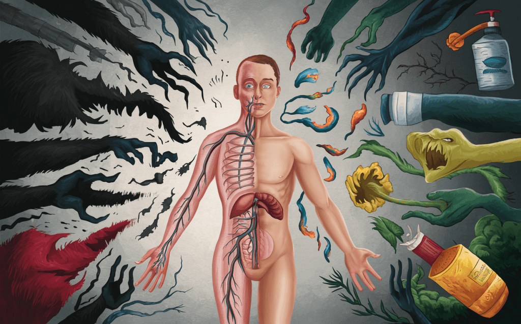 An artistic representation of the harmful effects of toxins on the human body, with disembodied hands symbolizing various pollutants and chemicals surrounding an anatomical figure depicting the internal organs and systems. effects of toxins on health and well-being