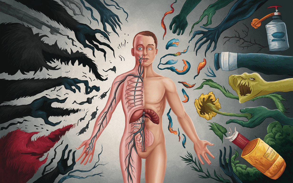 An artistic representation of the harmful effects of toxins on the human body, with disembodied hands symbolizing various pollutants and chemicals surrounding an anatomical figure depicting the internal organs and systems. effects of toxins on health and well-being