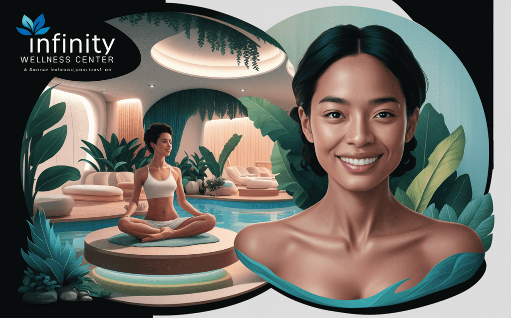 A smiling woman sitting comfortably on a couch while using a digital tablet in a modern wellness center setting with plants and natural light. why choose infinity wellness center