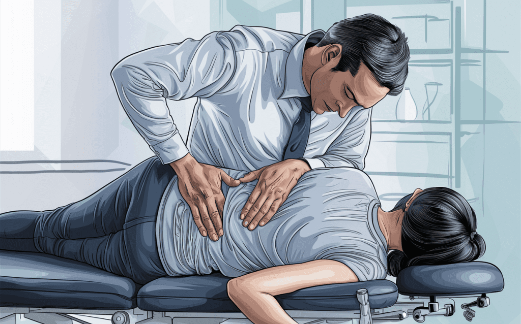 A chiropractor providing spinal adjustment to a patient lying on a treatment table, offering relief for sciatica through a holistic approach