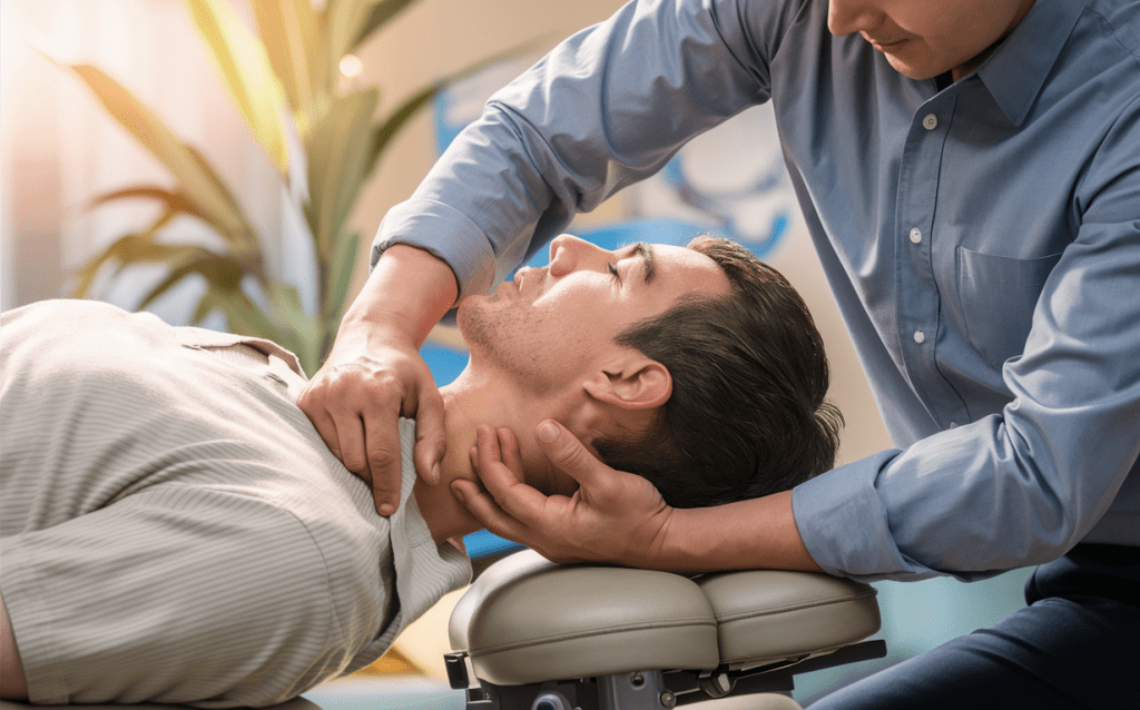 A chiropractor gently adjusts a patient's neck to alleviate pain and discomfort using a holistic approach to treatment.