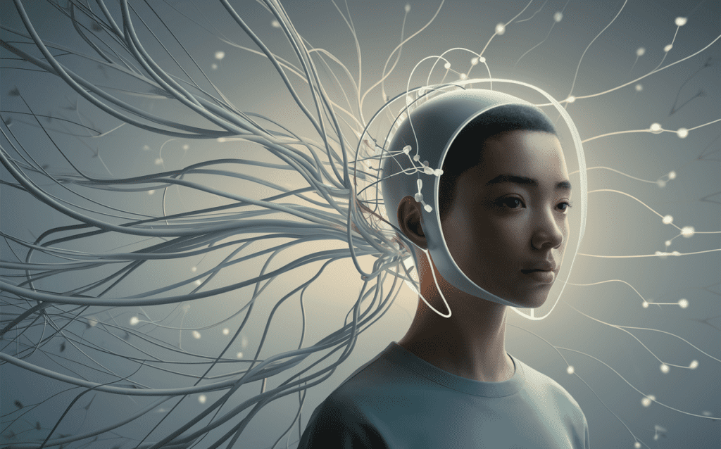 An illustration of a person with abstract neural network connections surrounding their head, representing neurofeedback therapy for improving focus and concentration. Neurofeedback therapy Neurofeedback for ADHD and focus