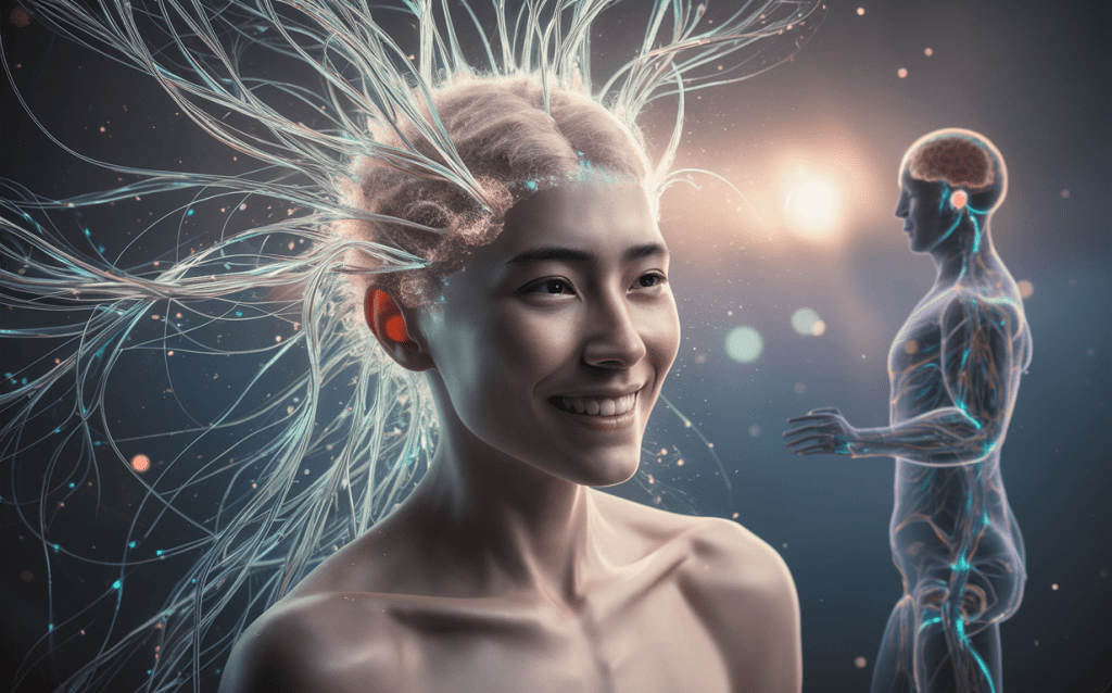 A digital illustration showing a smiling woman's face with glowing neural connections emanating from her head, alongside a glowing human figure representing heightened self-awareness and neural activity. Neurofeedback for anxiety and depression
