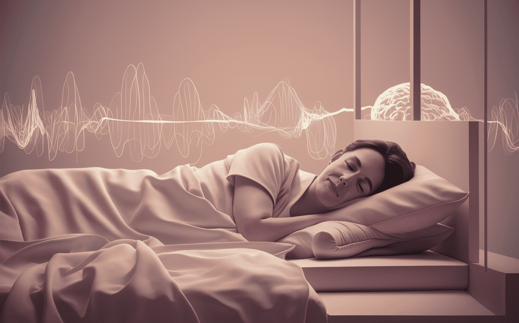 An illustration of a person sleeping while brain wave patterns and a brain model are displayed, representing neurofeedback therapy for insomnia and sleep disorders