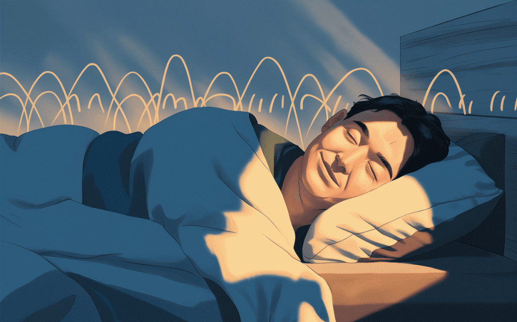 An illustration of a person sleeping peacefully with visualized brainwaves depicted as arching lines above their head, suggesting the use of neurofeedback for addressing sleep disorders like insomnia. Neurofeedback for chronic pain management