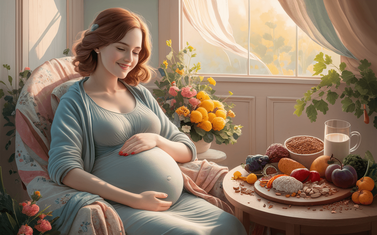 Healthy Pregnancy: Nourishing Mother and Child A pregnant woman sitting by a window, smiling and cradling her baby bump, surrounded by a variety of nutritious foods like fruits, vegetables, whole grains, and dairy products, symbolizing the importance of optimal nutrition during pregnancy and breastfeeding.