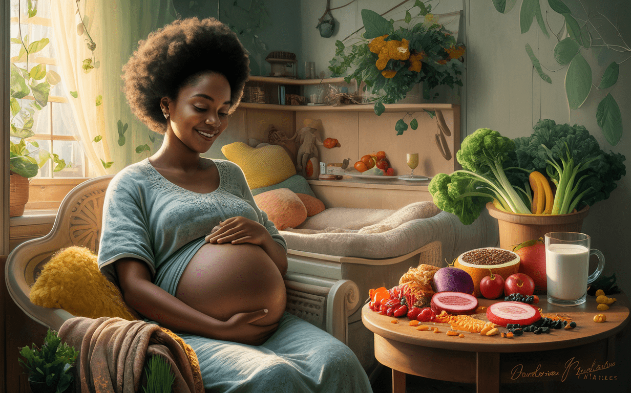 Expectant Mother Enjoying Nutritious Foods for a Healthy Pregnancy An image depicting a pregnant woman smiling and sitting comfortably in her home, surrounded by a variety of nutritious foods beneficial for pregnancy and breastfeeding, such as fruits, vegetables, whole grains, and dairy products.