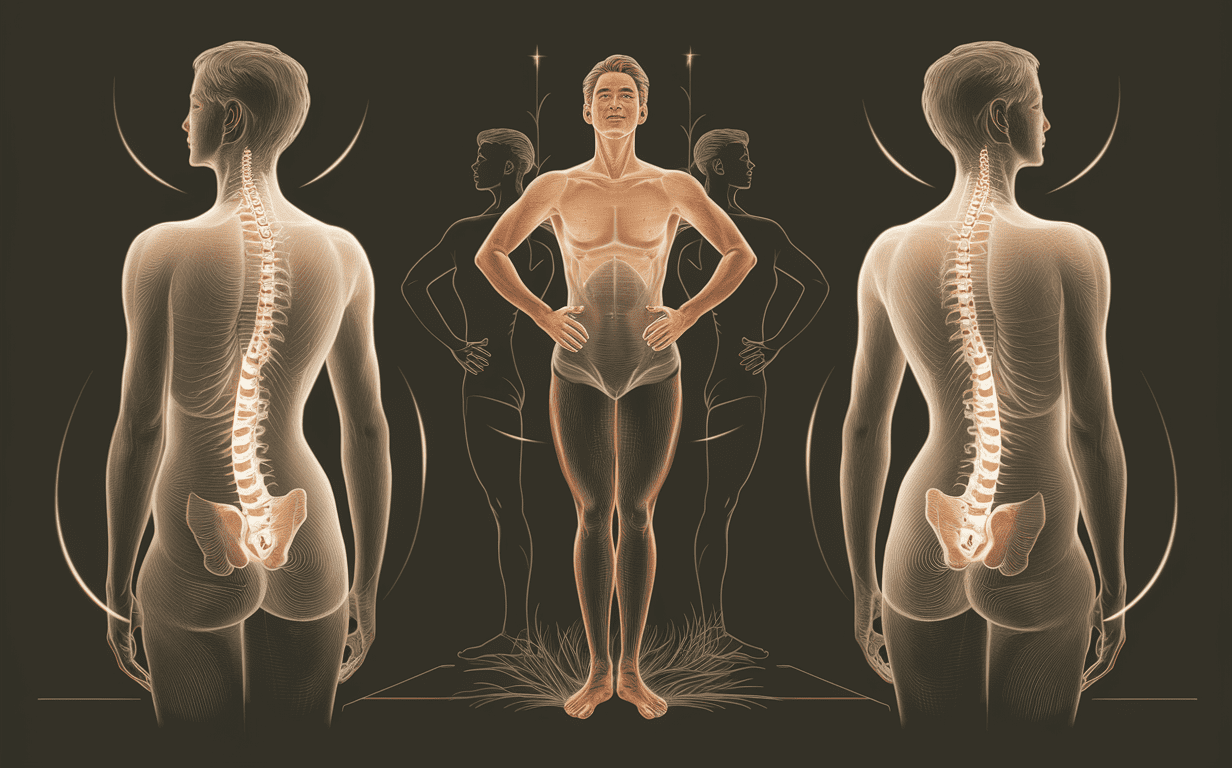 Digital illustrations showing different views of the human body, including skeletal structures and muscular forms, demonstrating proper spinal alignment and posture for better health and well-being.