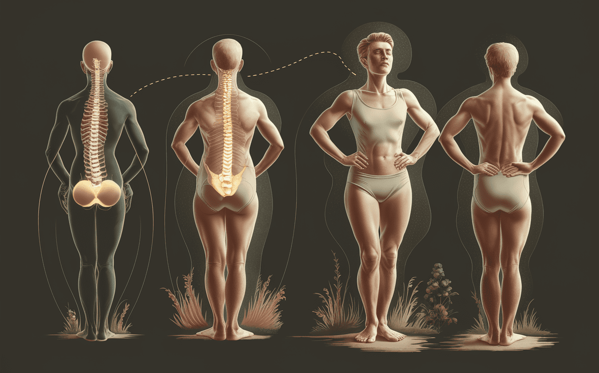 A digital illustration showing stylized human figures with visible skeletal structures, demonstrating proper spinal alignment and posture through circular motifs and natural imagery.