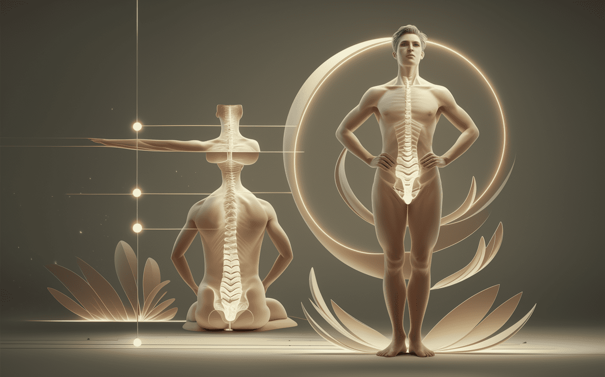 An anatomical illustration showing the human skeletal structure from the front and back views, highlighting the proper alignment of the spine and skeletal system for optimal posture and health.