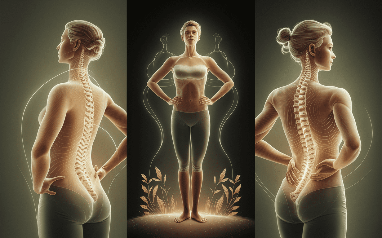 Illustrations showing a woman's body with the spine and muscles highlighted, demonstrating ideal posture and spinal alignment from different angles
