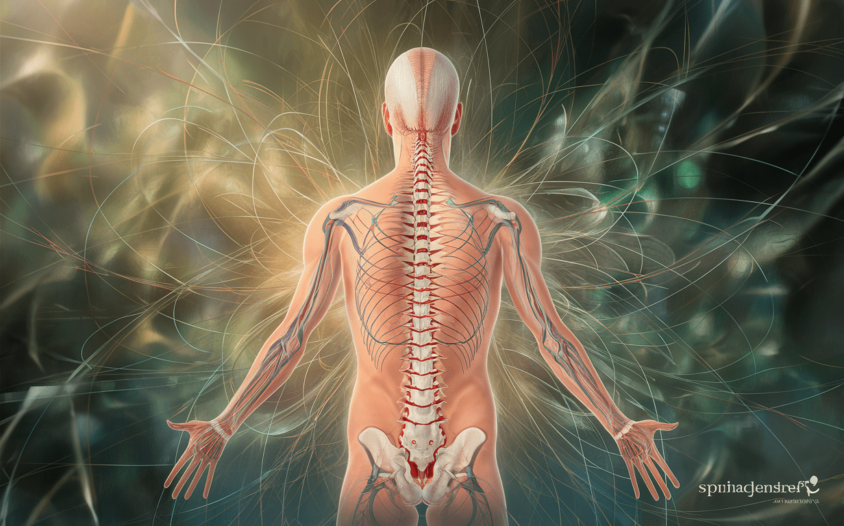 An artistic illustration depicting the human spine and vertebrae, with abstract shapes and colors representing the advanced techniques and care involved in spinal correction for achieving optimal health. Advanced Spinal Correction and Care