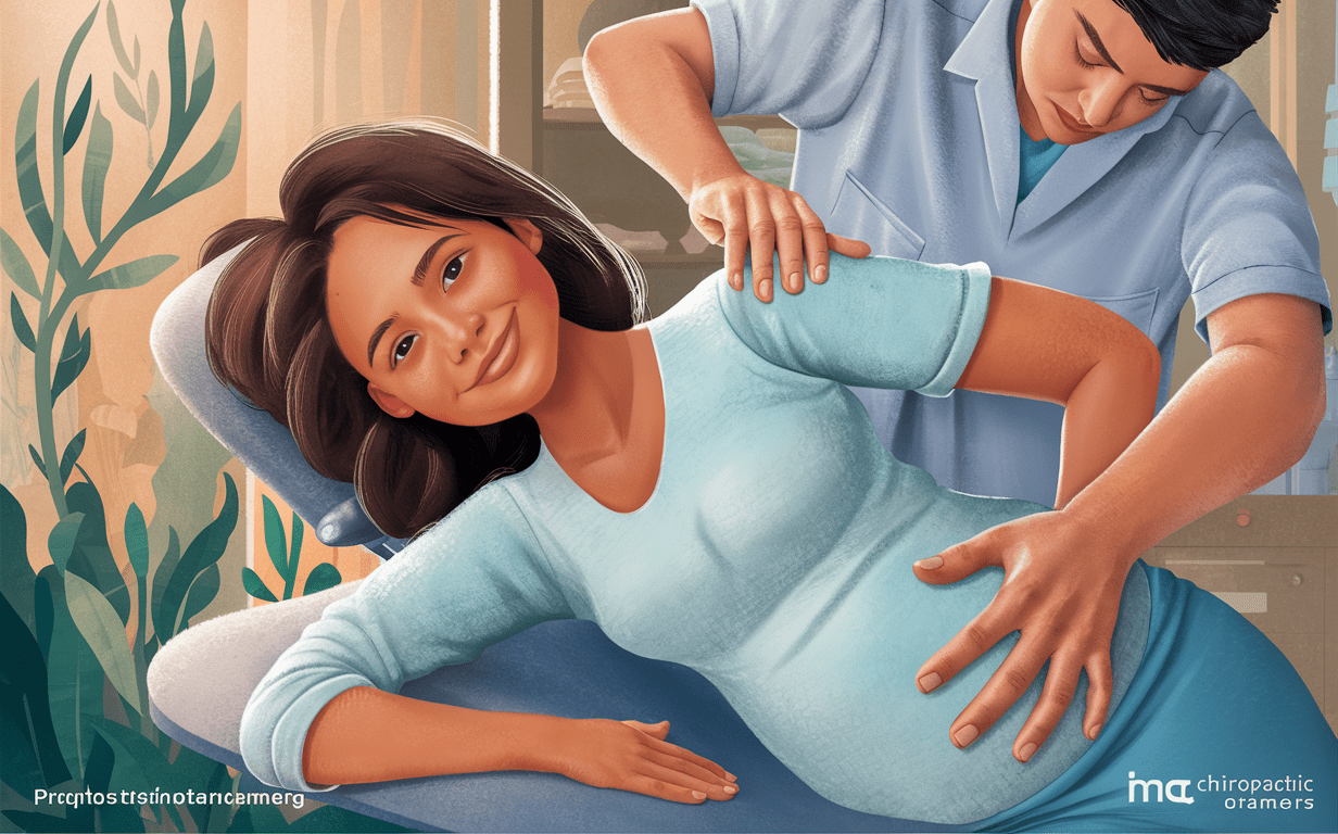 Prenatal Chiropractic Care for Expecting Mother A pregnant woman receiving gentle chiropractic adjustment from a chiropractor to relieve back pain during pregnancy