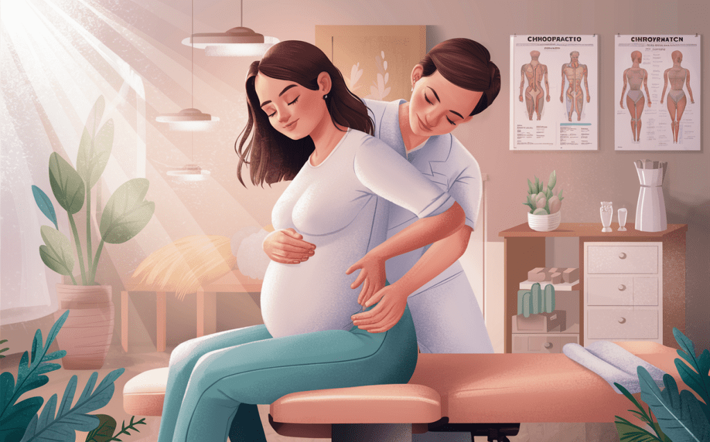 An illustration depicting a pregnant woman receiving gentle chiropractic treatment from a practitioner in a serene, welcoming environment with anatomical charts on the wall.