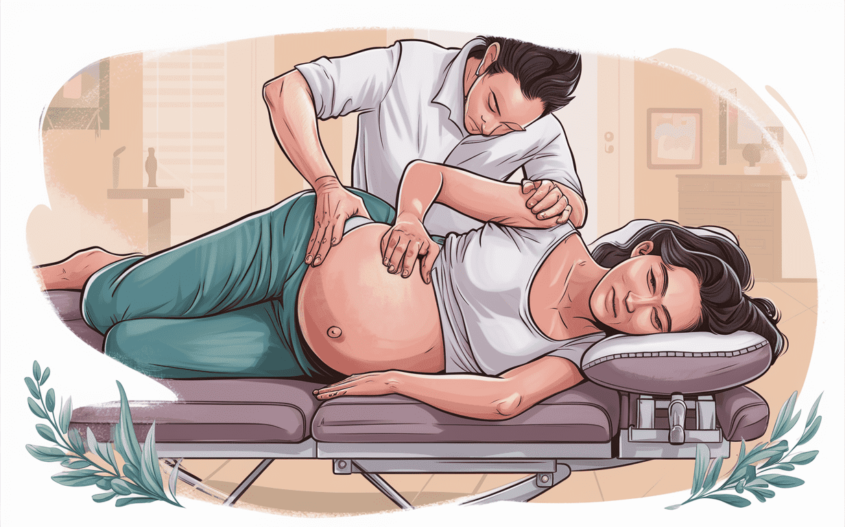 An illustration of a pregnant woman receiving chiropractic treatment from a practitioner to alleviate back pain during pregnancy. Chiropractic treatment for pregnancy-related back pain