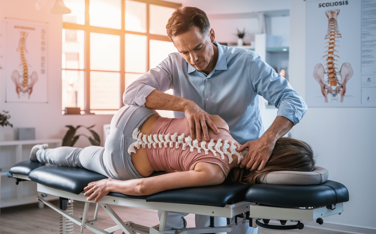 A chiropractor adjusting the spine of a patient lying on a treatment table in a chiropractic office with anatomical posters on the wall