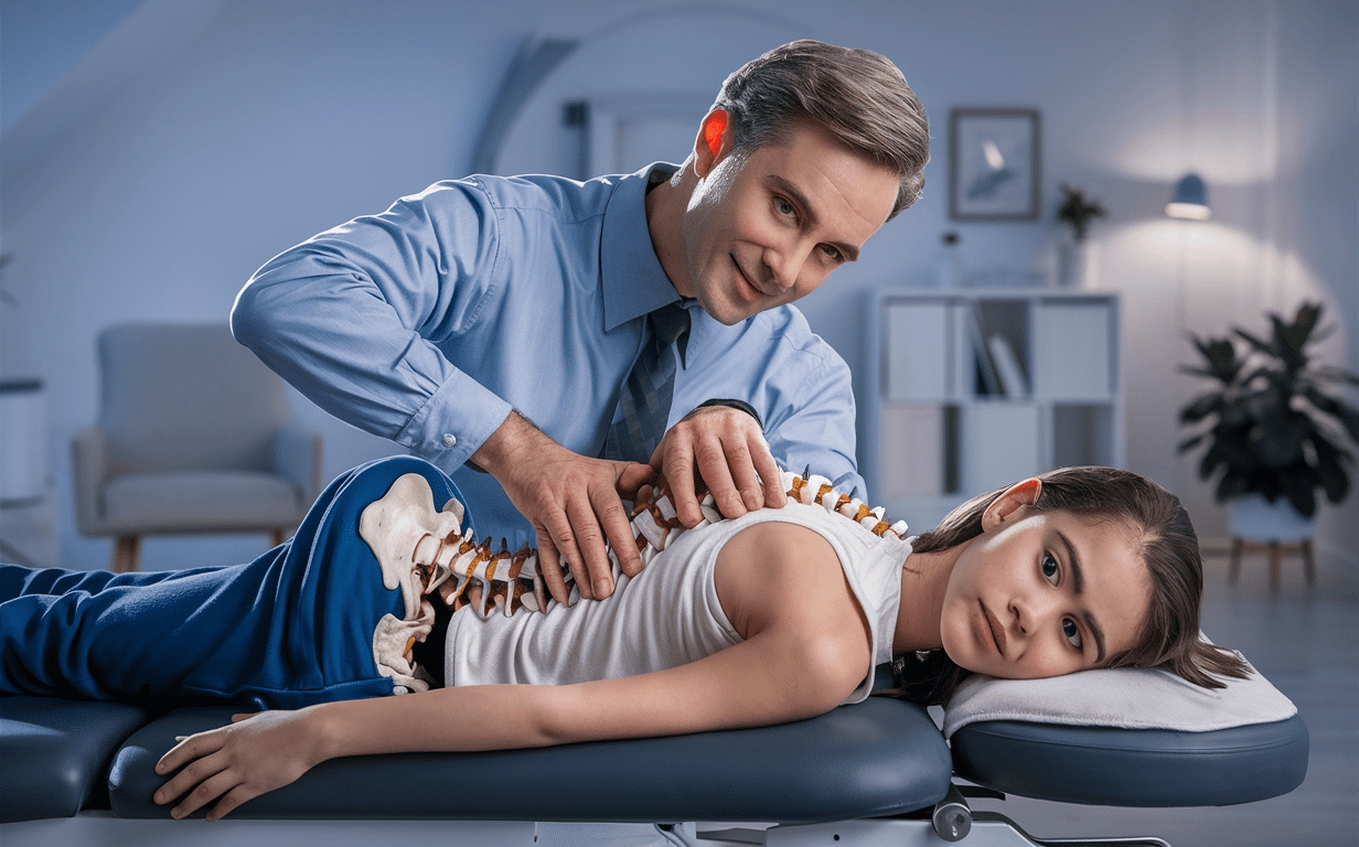 A chiropractor examines and adjusts the spine of a patient lying on a treatment table, addressing scoliosis through effective chiropractic care. Chiropractic solutions for sciatica