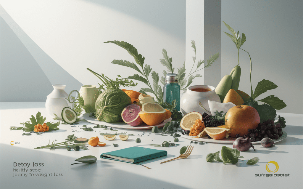 An assortment of fresh fruits, vegetables, herbs, and utensils representing a detox diet for weight loss