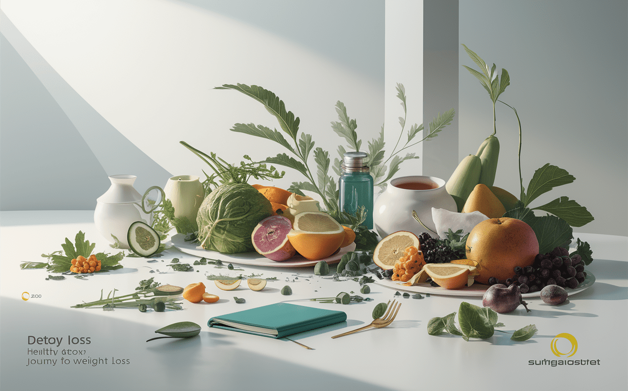 Healthy Detox Ingredients for Weight Loss Journey A still life composition featuring various fruits, vegetables, herbs, and detox items like a bottle and book, arranged artistically on a white surface.