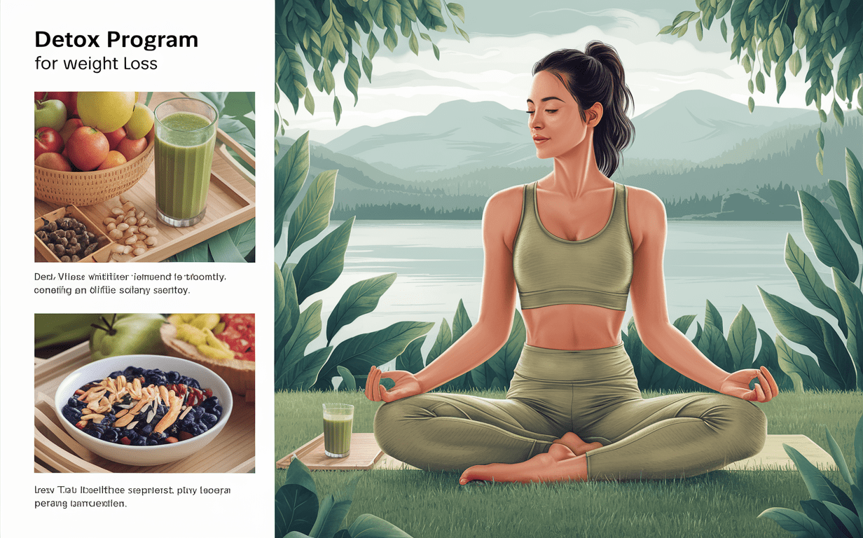 Fruit and Veggie Human Figure for Healthy Detox An illustration of a human figure formed by various fruits and vegetables like apples, oranges, grapes, and greens in a yoga pose, promoting healthy detox and weight loss through a plant-based diet.