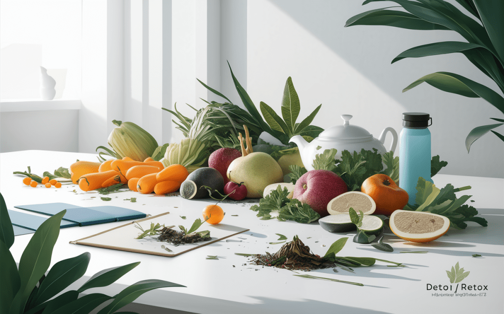 An assortment of fresh fruits, vegetables, herbs, and a water bottle arranged on a table, suggesting a detox diet plan for weight loss.