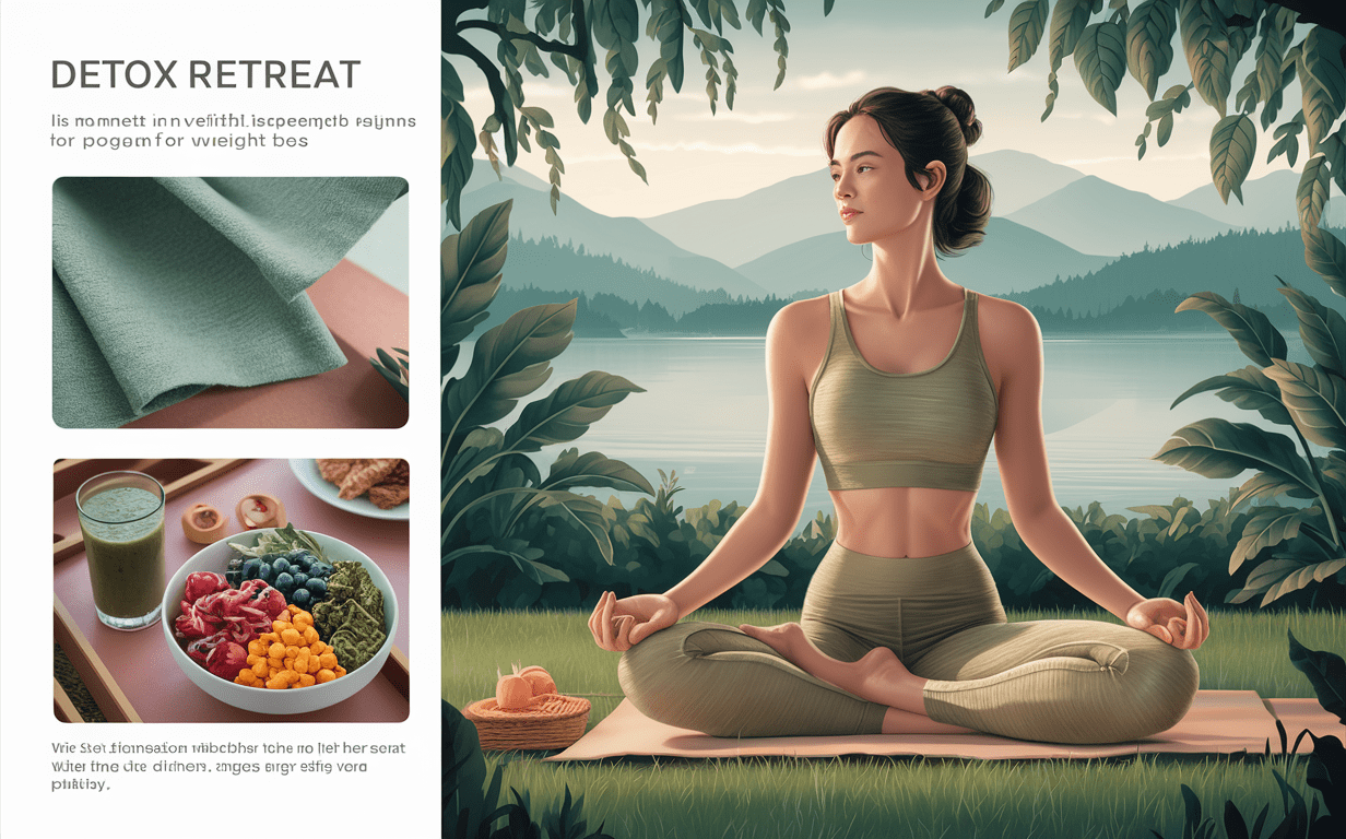 Peaceful Detox Retreat in Nature A woman meditating in a peaceful natural setting by a lake surrounded by mountains and greenery, along with healthy detox foods like a smoothie, fruits, and a yoga mat, promoting a detox retreat for weight loss.