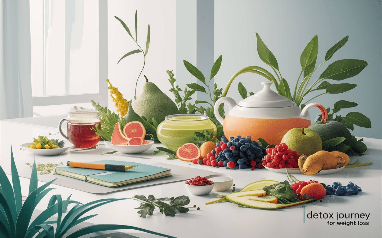 Healthy Foods and Lifestyle for Detox and Weight Loss An assortment of fresh fruits, vegetables, herbs, a bottle of water, a yoga mat, and a notepad representing a balanced diet and active lifestyle for effective detox and weight loss.