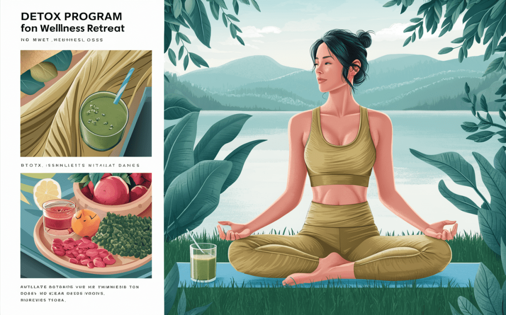 An illustration promoting a detox program at a wellness retreat, featuring a woman meditating by a lake surrounded by nature, along with images of healthy green juice and a plate of fruits and vegetables.