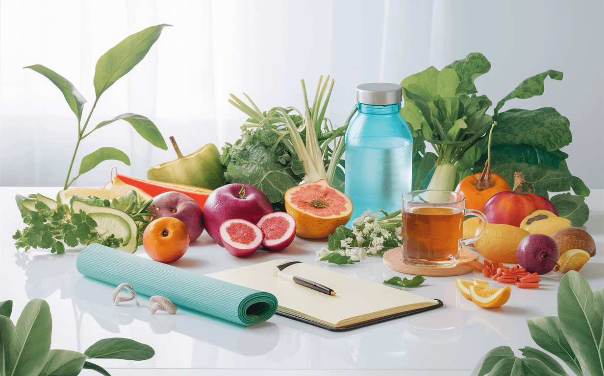 Effective Detox Programs for Healthy Weight Loss An illustration of a woman practicing yoga stretches surrounded by lush greenery, promoting effective detox programs for weight loss and a healthy lifestyle.
